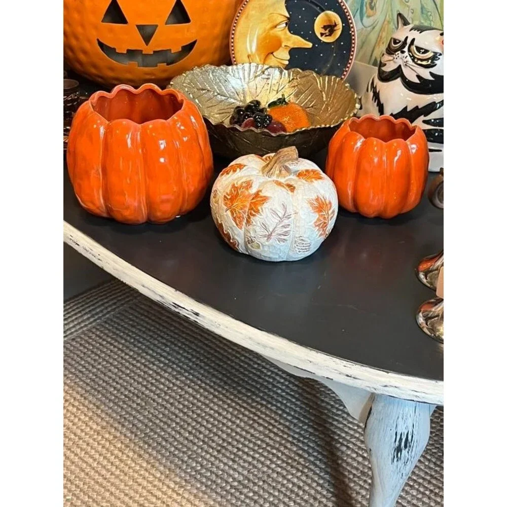 Set of 2 Orange Ceramic Pumpkin Planters – Fall Halloween Décor
